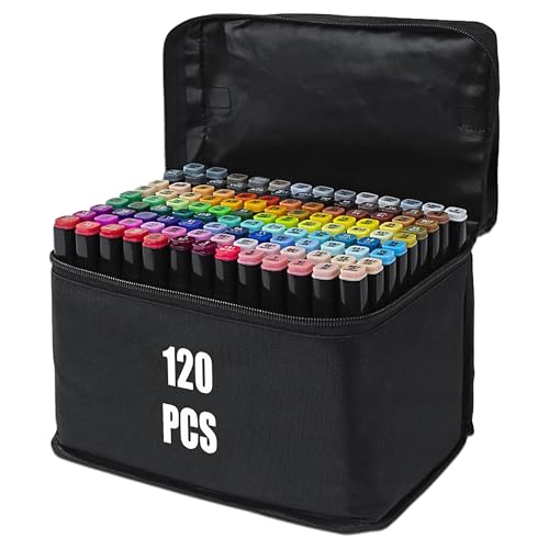 120 Farben Alcohol Marker Set, Marker Stifte Set für Manga/Design/Schule mit, Schnell Trocknende Alkohol Marker Set, Doppelseitige Marker Stifte, Filzstifte, Zeichnung, Ausmalen mit Tragetasche von H&F Heimtextilien