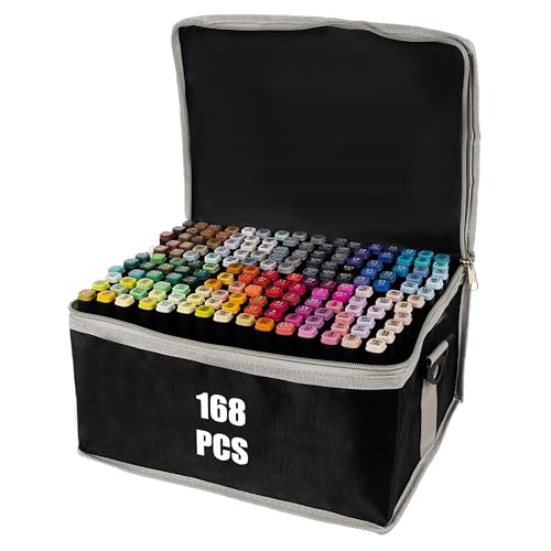 168 Farben Alcohol Marker Set, Marker Stifte Set für Manga/Design/Schule mit, Schnell Trocknende Alkohol Marker Set, Doppelseitige Marker Stifte, Filzstifte, Zeichnung, Ausmalen mit Tragetasche von H&F Heimtextilien