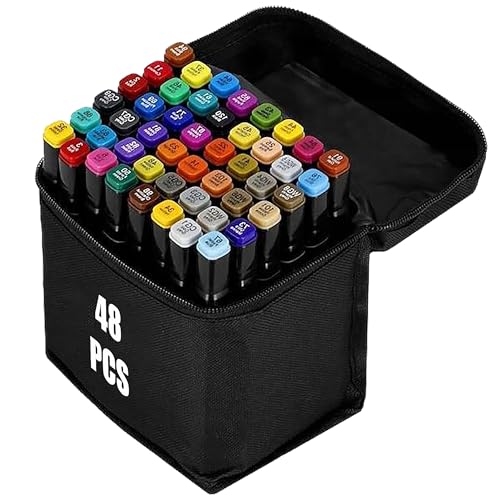 48 Farben Alcohol Marker Set, Marker Stifte Set für Manga/Design/Schule mit, Schnell Trocknende Alkohol Marker Set, Doppelseitige Marker Stifte, Filzstifte, Zeichnung, Ausmalen mit Tragetasche von H&F Heimtextilien