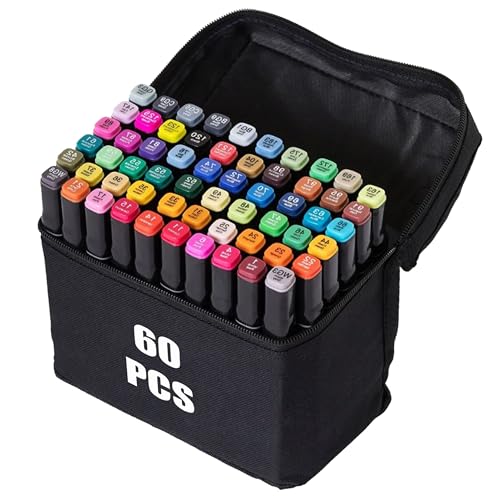 60 Farben Alcohol Marker Set, Marker Stifte Set für Manga/Design/Schule mit, Schnell Trocknende Alkohol Marker Set, Doppelseitige Marker Stifte, Filzstifte, Zeichnung, Ausmalen mit Tragetasche von H&F Heimtextilien