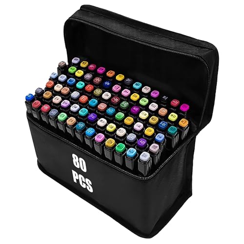 80 Farben Alcohol Marker Set, Marker Stifte Set für Manga/Design/Schule mit, Schnell Trocknende Alkohol Marker Set, Doppelseitige Marker Stifte, Filzstifte, Zeichnung, Ausmalen mit Tragetasche von H&F Heimtextilien