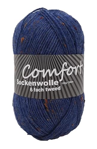 6-fädige Sockenwolle Strumpfwolle -150gr Knaul- 375m Lauflänge - dicke Wolle für besonders warme Socken – grosse Farbauswahl (Tweed blau) von H&W Vertrieb