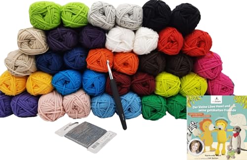 Häkelgarn Strickgarn 40x25gr Wolle +Häkel-Strickbuch + Reflexfaden + Häkelnadel – bunte Auswahl an hochwertiger Wolle zum Stricken und Häkeln - Wolle ohne Banderole von H&W Vertrieb