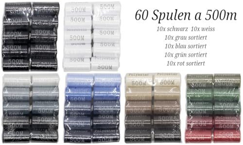 Nähgarn 60x 500m Spulen - hochwertiger Nähfaden - sowohl als Nähmaschinenfaden als auch zum Nähen mit der Hand bestens geeignet (60x 500m sortiert) von H&W Vertrieb