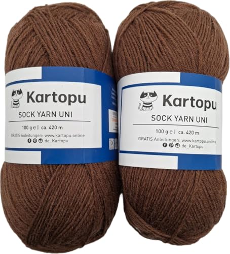 Sockenwolle 4 fach Color 2x100gr Knäul -verschiedene Sets zur Wahl, Sparduo Sockengarn - Strumpfwolle ist filzfrei und maschinenwaschbar, Lauflänge 420m / 100gr, (2x100gr braun) von H&W Vertrieb