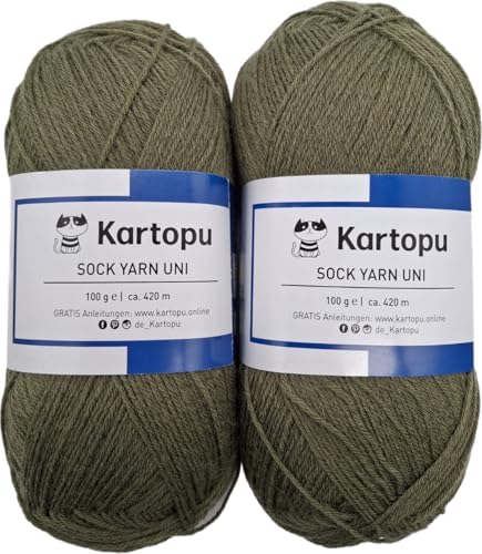 Sockenwolle 4 fach Color 2x100gr Knäul -verschiedene Sets zur Wahl, Sparduo Sockengarn - Strumpfwolle ist filzfrei und maschinenwaschbar, Lauflänge 420m / 100gr, (2x100gr oliv) von H&W Vertrieb