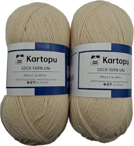 Sockenwolle 4 fach Color 2x100gr Knäul -verschiedene Sets zur Wahl, Sparduo Sockengarn - Strumpfwolle ist filzfrei und maschinenwaschbar, Lauflänge 420m / 100gr, (2x100gr rohweiss) von H&W Vertrieb