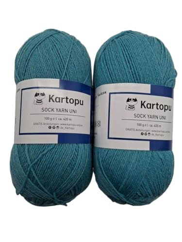 Sockenwolle 4 fach Color 2x100gr Knäul -verschiedene Sets zur Wahl, Sparduo Sockengarn - Strumpfwolle ist filzfrei und maschinenwaschbar, Lauflänge 420m / 100gr, (2x100gr türkis) von H&W Vertrieb