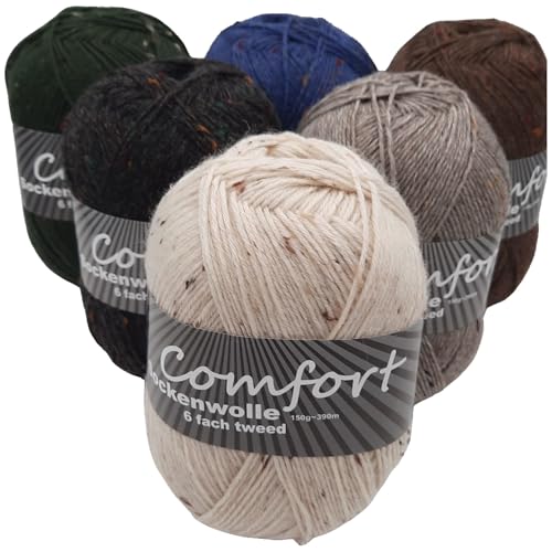 Sockenwolle Strumpfwolle 6x150gr Comfort Color 6-fädig 900gr Set - für besonders warme Füße Set (Tweed) von H&W Vertrieb