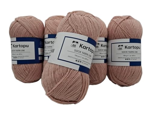 Sockenwolle Strumpfwolle einfarbig 4 fädig - 5x100gr Sparset - Strumpfwolle ist filzfrei und maschinenwaschbar, Lauflänge per Knaul 420m / 100gr - Farbe: (beige) von H&W Vertrieb