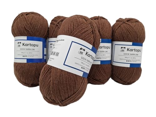 Sockenwolle Strumpfwolle einfarbig 4 fädig - 5x100gr Sparset - Strumpfwolle ist filzfrei und maschinenwaschbar, Lauflänge per Knaul 420m / 100gr - Farbe: (braun) von H&W Vertrieb