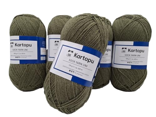 Sockenwolle Strumpfwolle einfarbig 4 fädig - 5x100gr Sparset - Strumpfwolle ist filzfrei und maschinenwaschbar, Lauflänge per Knaul 420m / 100gr - Farbe: (oliv) von H&W Vertrieb