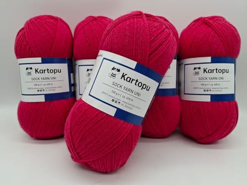 Sockenwolle Strumpfwolle einfarbig 4 fädig - 5x100gr Sparset - Strumpfwolle ist filzfrei und maschinenwaschbar, Lauflänge per Knaul 420m / 100gr - Farbe: (pinkrot) von H&W Vertrieb