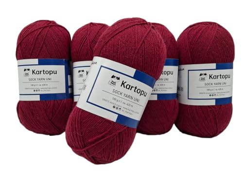 Sockenwolle Strumpfwolle einfarbig 4 fädig - 5x100gr Sparset - Strumpfwolle ist filzfrei und maschinenwaschbar, Lauflänge per Knaul 420m / 100gr - Farbe: (rot) von H&W Vertrieb