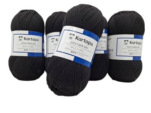 Sockenwolle Strumpfwolle einfarbig 4 fädig - 5x100gr Sparset - Strumpfwolle ist filzfrei und maschinenwaschbar, Lauflänge per Knaul 420m / 100gr - Farbe: (schwarz) von H&W Vertrieb