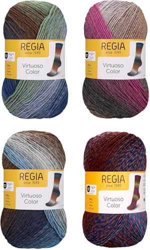 Strumpfwolle - 6fädig- Regia - Colorfarben - Sockenwolle Set 4x150gr Knaul - 375 m Lauflänge pro Knaul - filzfrei und superwash (Regia Set 2) von H&W Vertrieb