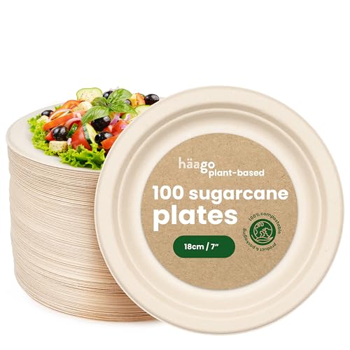 HAAGO Zuckerrohr Bagasse Einwegteller für Geburtstage, Hochzeiten, Partys - Stabil, Umweltfreundlich, Biologisch Abbaubar & Kompostierbare (200, 18 cm) von HAAGO