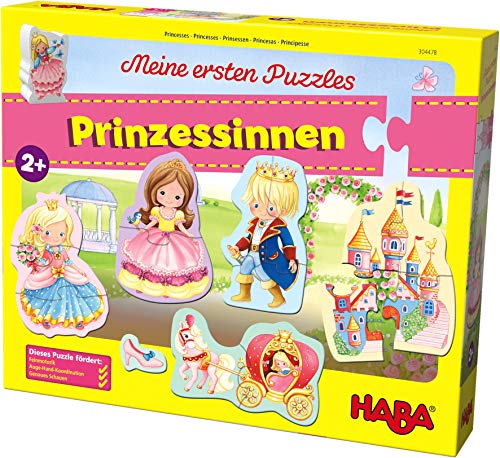 HABA 304478 - Meine ersten Puzzles – Prinzessinnen, Kinderpuzzle mit 5 Motiven ab 2 Jahren, mit beidseitig bedruckter Prinzessinnen-Holzfigur zum freien Spielen von HABA