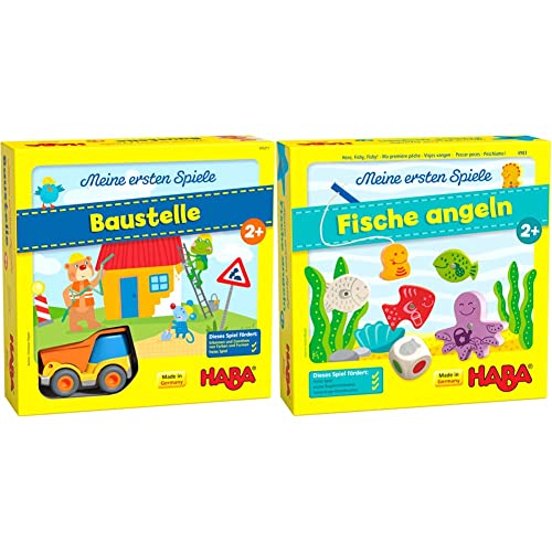 HABA 305211 - Meine ersten Spiele – Baustelle & 4983 - Meine ersten Spiele Fische Angeln, spannendes Angelspiel mit bunten Holzfiguren von HABA