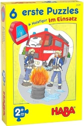 HABA 305236-6 erste Puzzles – Im Einsatz, Puzzles aus je Vier Teilen mit Straßen-Motiven, Auto-Holzfigur zum freien Spielen, Spiel ab 2 Jahren von HABA