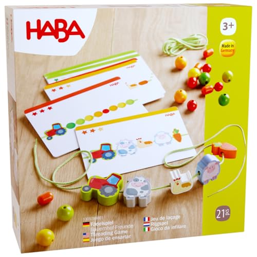 HABA Fädelspiel Bauernhof-Freunde – Kreatives Lernspiel & Fädelkette mit 21 Holzperlen & 2 Schnüren inkl. Vorlagekarten – Fädelspaß für Kinder ab 3 Jahren – 1305780001 von HABA