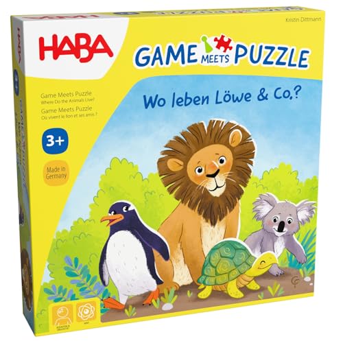 HABA Game Meets Puzzle – Wo Leben Löwe & Co.? – Würfelspiel & Puzzle in einem – 4 Puzzles mit 4 großen Tier-Holzfiguren – ab 3 Jahren – 2011724001 von HABA