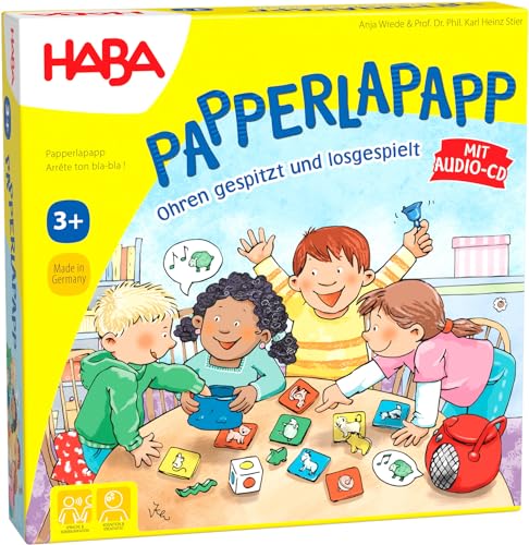 HABA Papperlapapp – Lernspielsammlung mit 6 Spielen – Für Kinder ab 3 Jahren – Inkl. CD mit Tierlauten und Geräuschen, bunten Holzfiguren und robusten Spielkarten - 1302372001 von HABA