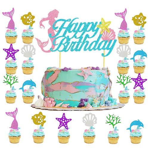 Meerjungfrau Tortendeko Geburtstag Meerjungfrau Schwanz Kuchendeko Happy Birthday Meerjungfrau Torten Deko Kindergeburtstag Für Cupcake Dekoration, Geburtstagstorte Dekoration Für Mädchen Und Babys von HABURN