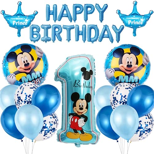 Mickey Luftballons Geburtstagsdeko, 1 Geburtstag Junge geburtstag deko, Mickey Mouse Themenparty Luftballons Folienballons Happy Birthday Banner Set, Luftballons für Deko Geburtstag Party, Blau von ZYZYZK