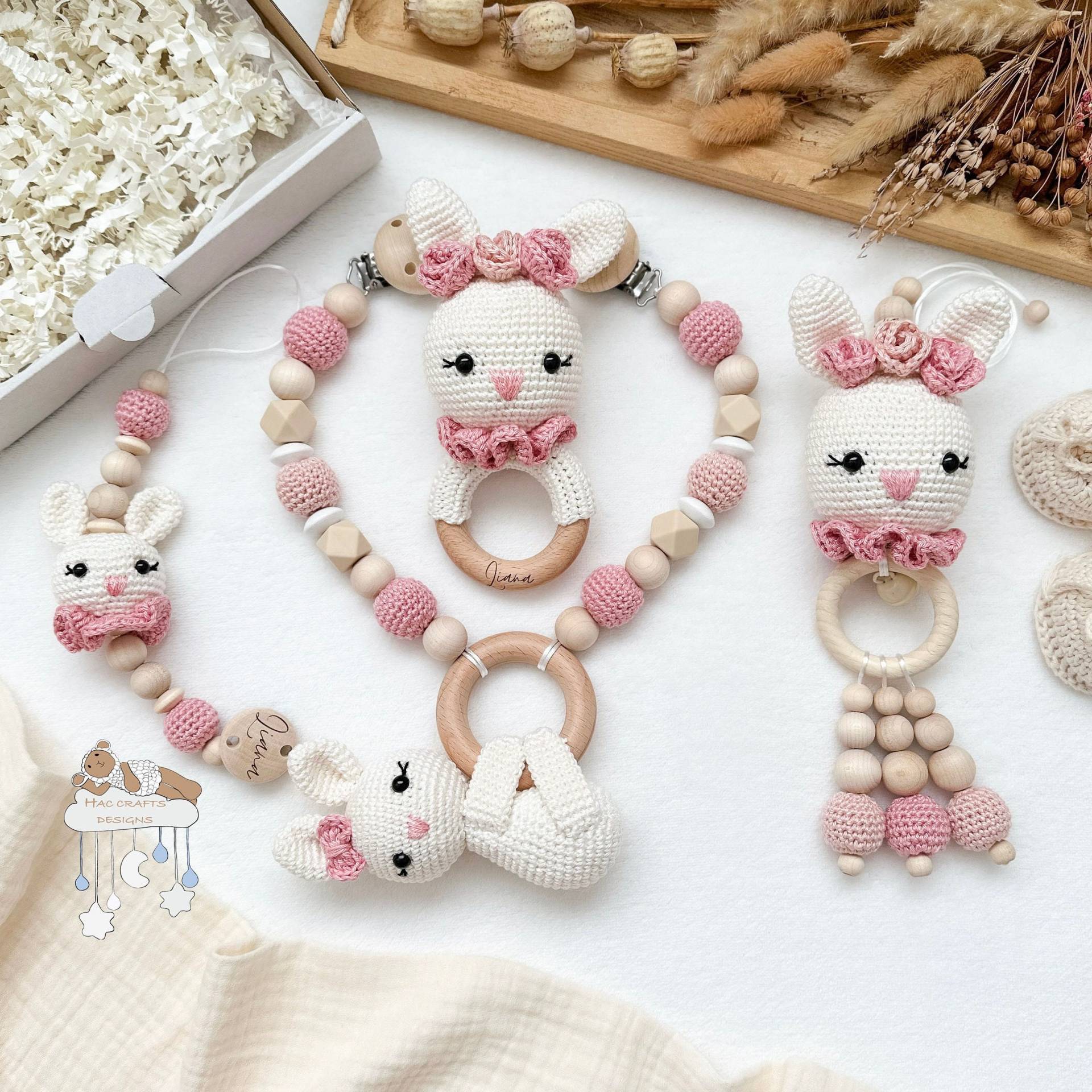 Kinderwagenkette Schnullerkette Mit Namen Maxicosi Anhänger Rassel Personalisiert Set/ Einzeln Geburtsgeschenk Babyparty Babyshower von HACCraftsDesigns