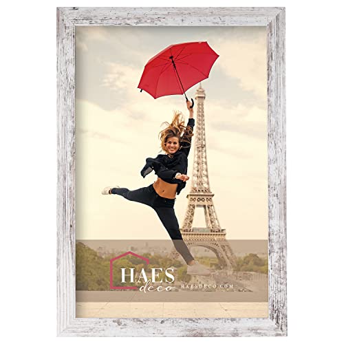 HAES DECO - Holz Bilderrahmen 30x45 Paris weiß/braun - Vintage Chabby Chic - Fotorahmen Holz - Portraitrahmen mit Wandhalterung - Fotorahmen für 1 Foto im Format 30x45 - SP001323 von HAES DECO