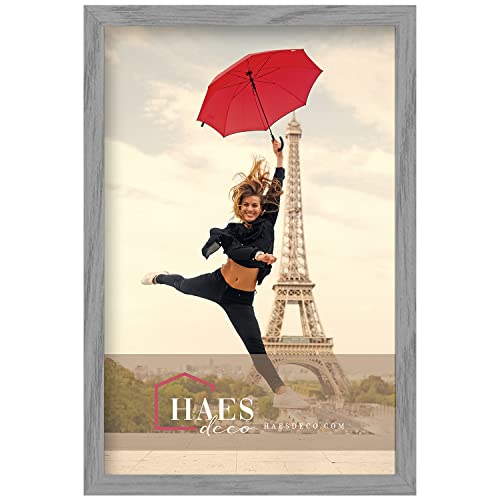 HAES DECO - Holz Bilderrahmen 40x60 Paris Vintage grau - Vintage Chabby Chic - Fotorahmen Holz - Portraitrahmen mit Wandhalterung - Fotorahmen für 1 Foto im Format 40x60 - SP001402 von HAES DECO