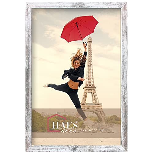 HAES DECO - Holz Bilderrahmen 40x60 Paris weiß/braun - Vintage Chabby Chic - Fotorahmen Holz - Portraitrahmen mit Wandhalterung - Fotorahmen für 1 Foto im Format 40x60 - SP001413 von HAES DECO