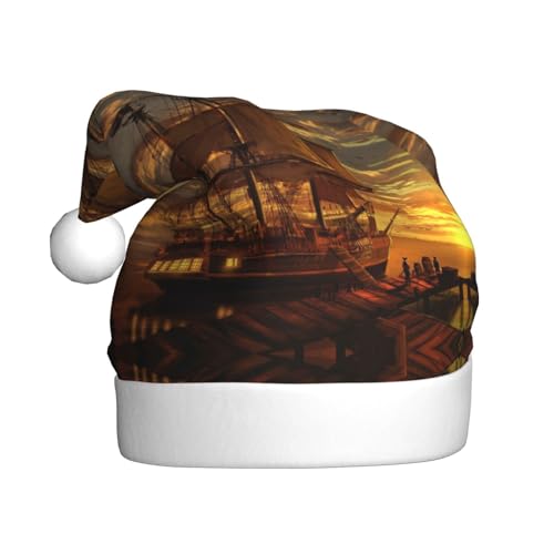 Fantasie-Piratenschiff-Weihnachtsmütze, Erwachsene, Weihnachtsmannmütze, bedruckt, Plüsch, Komfort, Weihnachtsmütze für Weihnachten, Neujahrsbedarf von HAHAFU