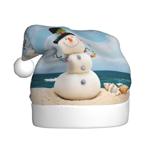 Schneemann mit Muscheln sitzend am Sandstrand Weihnachtsmütze, Erwachsenen-Weihnachtsmannmütze, bedruckt, Plüsch-Komfort, Weihnachtsmütze für Weihnachten, Neujahrsbedarf von HAHAFU