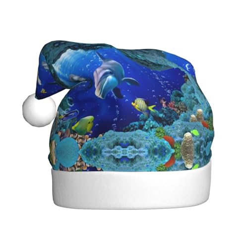 Unterwasserwelt Fisch-Delphi-Weihnachtsmütze, Erwachsenen-Weihnachtsmannmütze, bedruckt, Plüsch, bequem, Weihnachtsmütze für Weihnachten, Neujahrsbedarf von HAHAFU