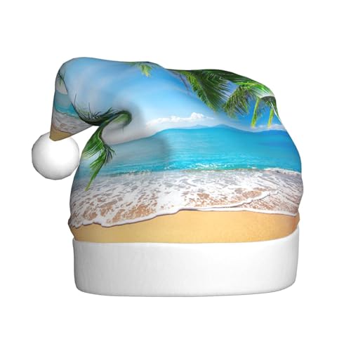 Weihnachtsmütze für Erwachsene, Motiv: Meer und Strand, Palmenblätter, bedruckt, Plüsch, bequem, Weihnachtsmütze für Weihnachten, Neujahr von HAHAFU