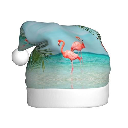 Weihnachtsmütze mit Flamingo im Wasser, für Erwachsene, bedruckt, Plüsch, bequem, Weihnachtsmütze für Weihnachten, Neujahr von HAHAFU