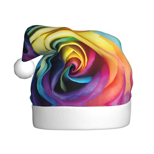 Weihnachtsmütze mit Regenbogen-Rosen-Blume, für Erwachsene, bedruckt, Plüsch, bequem, Weihnachtsmütze für Weihnachten, Neujahr von HAHAFU