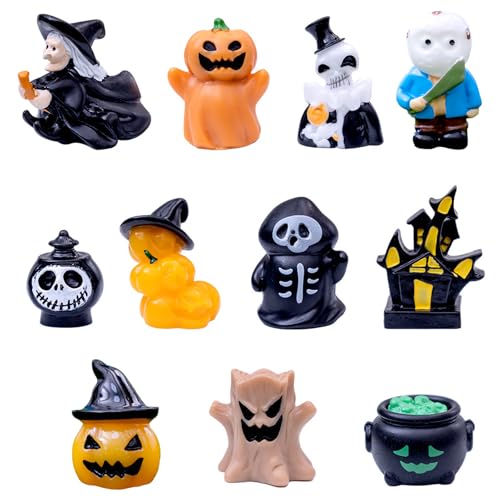 11 Stück Halloween Deko Miniatur Figuren Harz Halloween Miniatur Ornamente Klein Kürbis Geist Hexen Grabstein Halloween Mini Figuren für Tisch Party Deko Horror Dorf Garten Bonsai Outdoor Puppenhaus von HAILUII