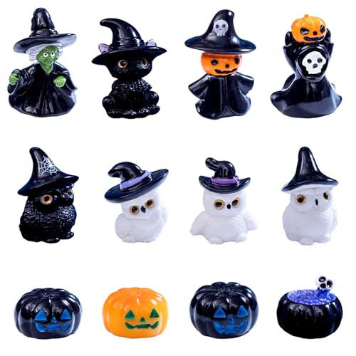 12 Stück Halloween Deko Miniatur Figuren Harz Halloween Mini Figuren Kürbis Geist Hexen Eule Totenkopf Halloween Mini Ornamente für Horror Dorf Spukhaus Tischdeko Garten Puppenhaus Outdoor Party Deko von HAILUII