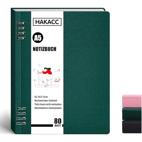 HAKACC 1 Stück Grün Spiral Notizbuch, 21 x 15 cm Liniert Notizheft A5 Kleines Notizblock für Frauen als Geschenk für Büro und Schule von HAKACC