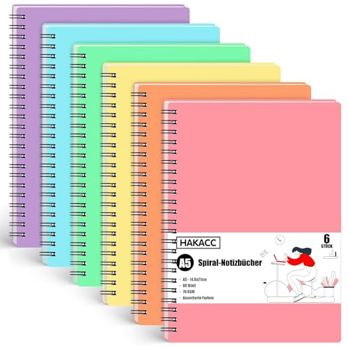 HAKACC 6 Stück Spiral Notizbuch DIN A5, Hardcover Spirale Notizblock Liniert Notizbuch 15 x 20,5 cm für Reisen Büro Schulbedarf von HAKACC