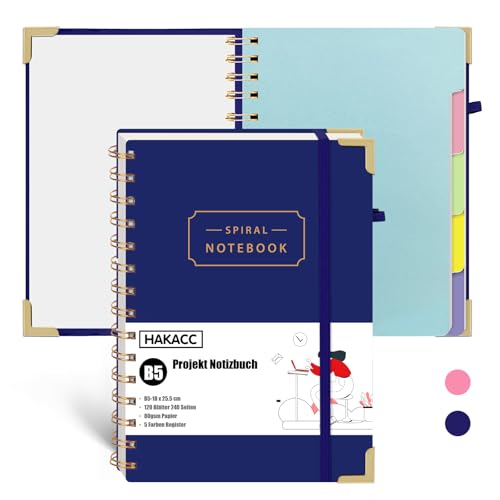 HAKACC Blau Spirale Notizblock B5, 18 x 25,5cm Klein Notizbuch Niedliche Tab Taschennotizbücher 240 Seiten für Aufgabenmanagement Journaling Brainstorming Kreatives Schreiben von HAKACC