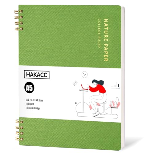 HAKACC Grün Spiral Notizbuch, 14,5 x 20,5cm Liniert Notizblock mit PVC-Hardcover 160 Seiten A5 Spiralgebundene Notizbücher für Büros Schulen von HAKACC