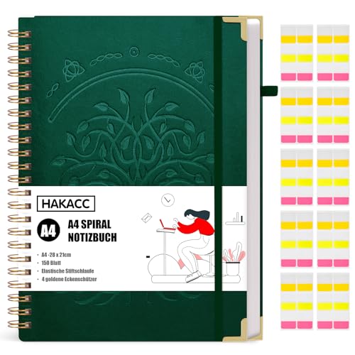 HAKACC Notizbuch A4 Liniert, 150 Blatt/300 Seiten Spirale Notizblock im edlen Lederimitat Hardcover-Einband mit 80 g/m² Nachhaltiges Papier für Frauen Männer Arbeit Büro Schule 21 x 28 cm Dunkelgrün von HAKACC