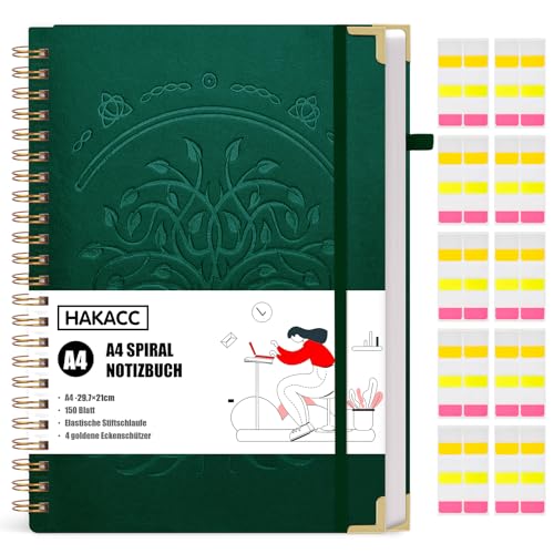 HAKACC Notizbuch A4 Liniert, 150 Blatt/300 Seiten Spirale Notizblock im edlen Lederimitat Hardcover-Einband mit 80 g/m² Nachhaltiges Papier für Frauen Männer Arbeit Büro Schule 21 x 29.7 cm Dunkelgrün von HAKACC