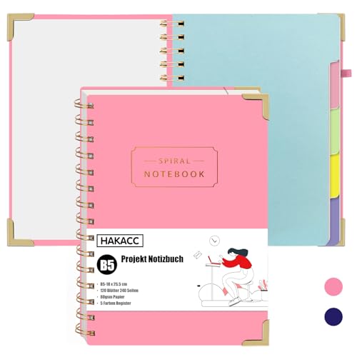 HAKACC Notizbuch B5 Liniert, Notizbuch mit Register 120 Blatt/240 Seiten, Ringbuch für Arbeit Und Schulbedarf 18 x 25,5cm Rosa von HAKACC