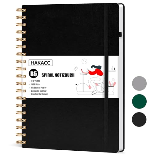 HAKACC Spiral Notizbuch B5, Hardcover Tagebuch mit 300 Nummerierten Seiten 8mm College liniert Notizblock Notizbücher für Arbeit Schule Damen Herren, 19 x 26 cm (Schwarz) von HAKACC