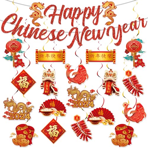 Chinesische Neujahrsdekorationen 2024, 20 Stück, Mond-Neujahrs-Dekorationen, Frühlingsfest, hängende Wirbel, Jahr des Drachen, rote Deckendekoration, Zubehör für chinesisches Neujahrsparty von HAKOTI